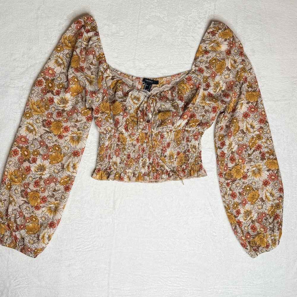 Forever 21 Floral Peasant Crop Top Cottagecore Boho Smocked Puff Sleeve Fairy L